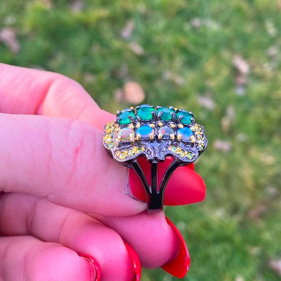 Vintage Art Deco Style Green Onyx & Opal Cluster Ring Sz 6 925 Silver Gold - Picture 8 of 8